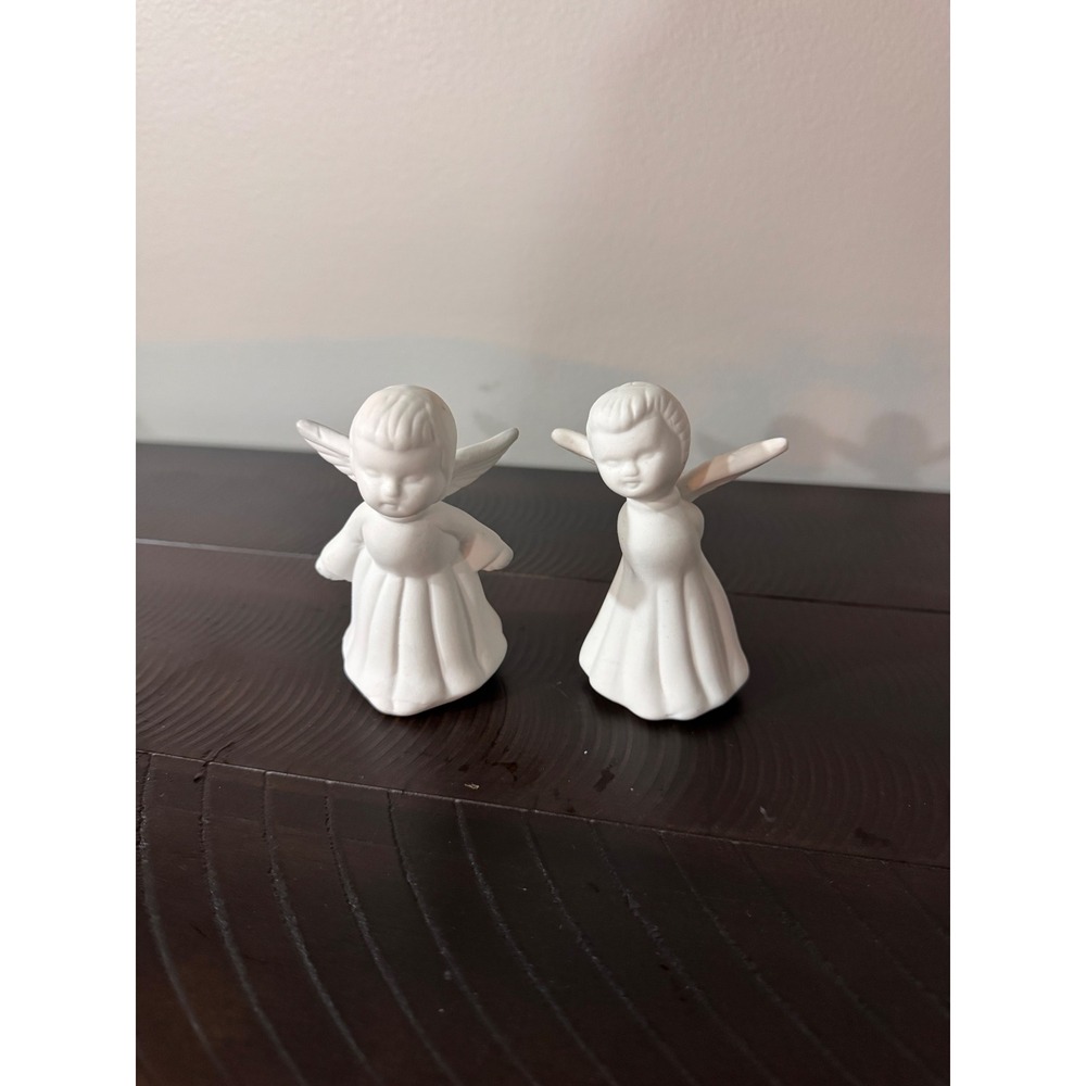 Vintage Giftco White Bisque Porcelain Kissing Angel Figurines Set of 2